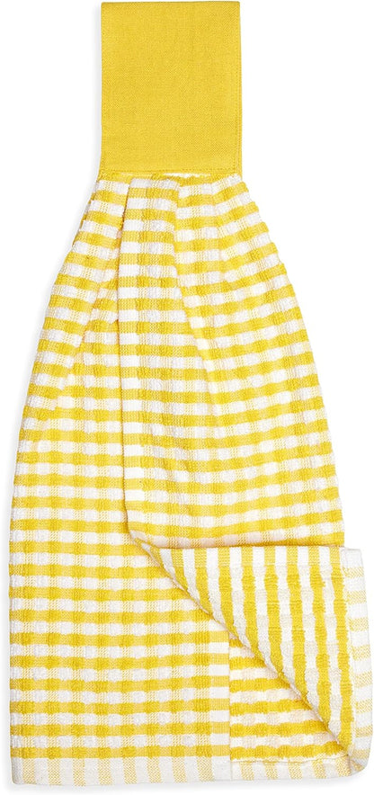 Gingham Check Terrycloth Hanging Kitchen Hand Towel Cotton with Button Accent, Set of 2 (Lemon Yellow)