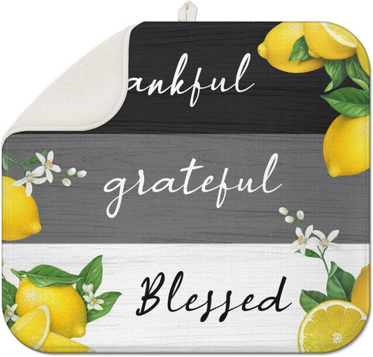 Retro Lemon Dish Drying Mat for Kitchen Counter,Thankful Grateful Blessed Absorbent Microfiber Dish Drainer Mats Dishes Pad,Farmhouse Reusable Washable Large Dish Draining Mat 18x16 Inch