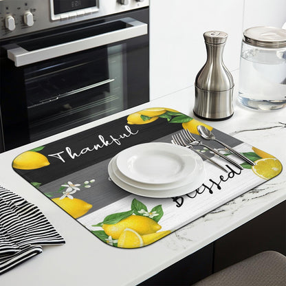 Retro Lemon Dish Drying Mat for Kitchen Counter,Thankful Grateful Blessed Absorbent Microfiber Dish Drainer Mats Dishes Pad,Farmhouse Reusable Washable Large Dish Draining Mat 18x16 Inch