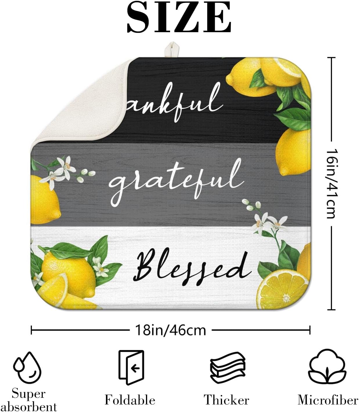 Retro Lemon Dish Drying Mat for Kitchen Counter,Thankful Grateful Blessed Absorbent Microfiber Dish Drainer Mats Dishes Pad,Farmhouse Reusable Washable Large Dish Draining Mat 18x16 Inch