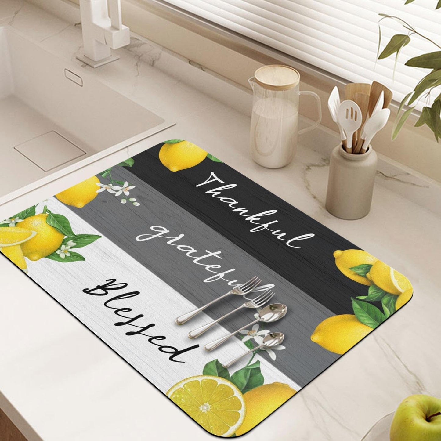 Retro Lemon Dish Drying Mat for Kitchen Counter,Thankful Grateful Blessed Absorbent Microfiber Dish Drainer Mats Dishes Pad,Farmhouse Reusable Washable Large Dish Draining Mat 18x16 Inch