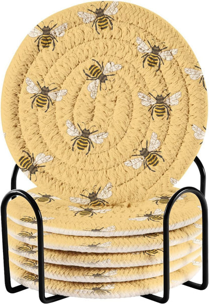 Spring Coasters for Drink Yellow Bees Coaster Set with Metal Holder Cotton Woven Coaster for Coffee Table Bistro Home Kitchen Island Housewarming Gift 6 Pack