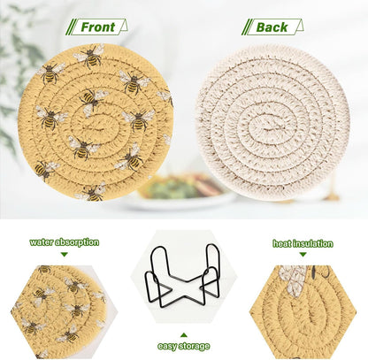 Spring Coasters for Drink Yellow Bees Coaster Set with Metal Holder Cotton Woven Coaster for Coffee Table Bistro Home Kitchen Island Housewarming Gift 6 Pack