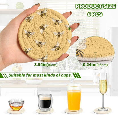 Spring Coasters for Drink Yellow Bees Coaster Set with Metal Holder Cotton Woven Coaster for Coffee Table Bistro Home Kitchen Island Housewarming Gift 6 Pack