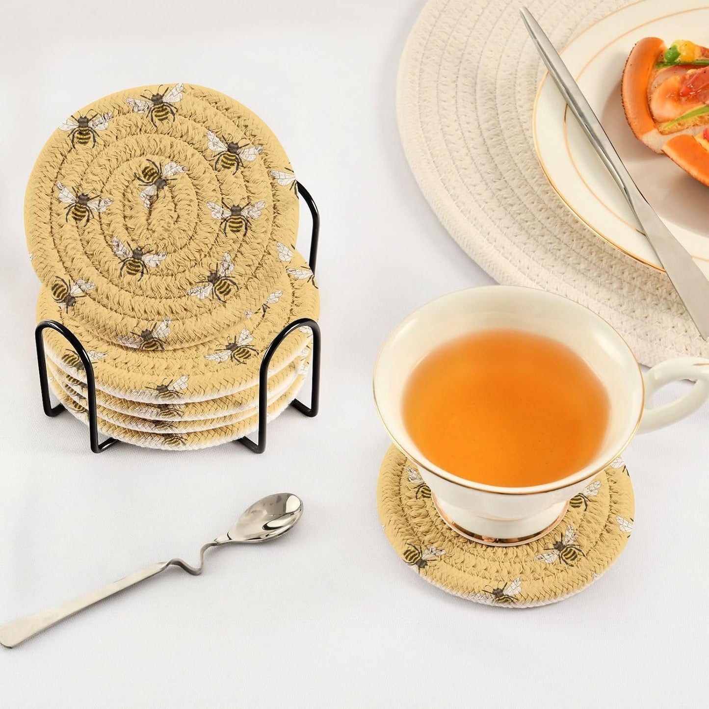 Spring Coasters for Drink Yellow Bees Coaster Set with Metal Holder Cotton Woven Coaster for Coffee Table Bistro Home Kitchen Island Housewarming Gift 6 Pack