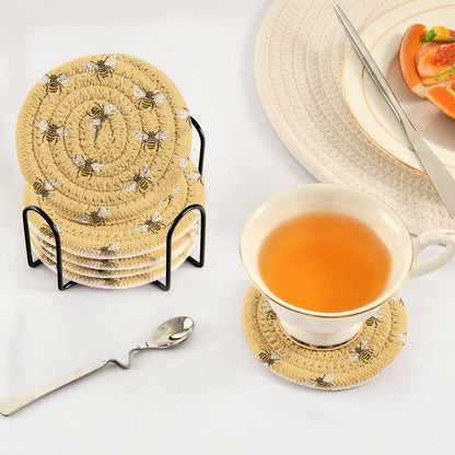 Spring Coasters for Drink Yellow Bees Coaster Set with Metal Holder Cotton Woven Coaster for Coffee Table Bistro Home Kitchen Island Housewarming Gift 6 Pack