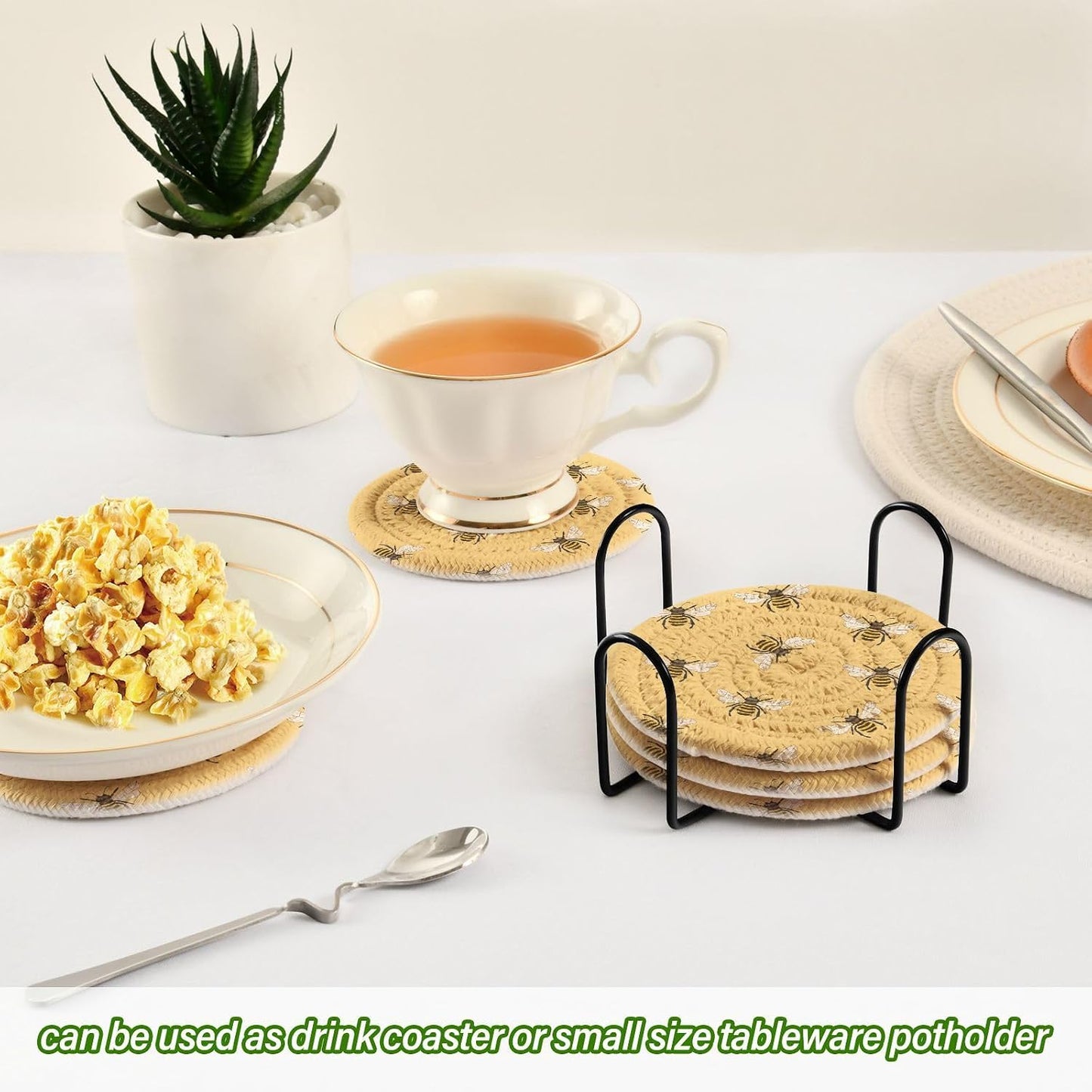 Spring Coasters for Drink Yellow Bees Coaster Set with Metal Holder Cotton Woven Coaster for Coffee Table Bistro Home Kitchen Island Housewarming Gift 6 Pack
