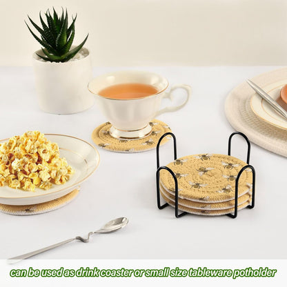 Spring Coasters for Drink Yellow Bees Coaster Set with Metal Holder Cotton Woven Coaster for Coffee Table Bistro Home Kitchen Island Housewarming Gift 6 Pack