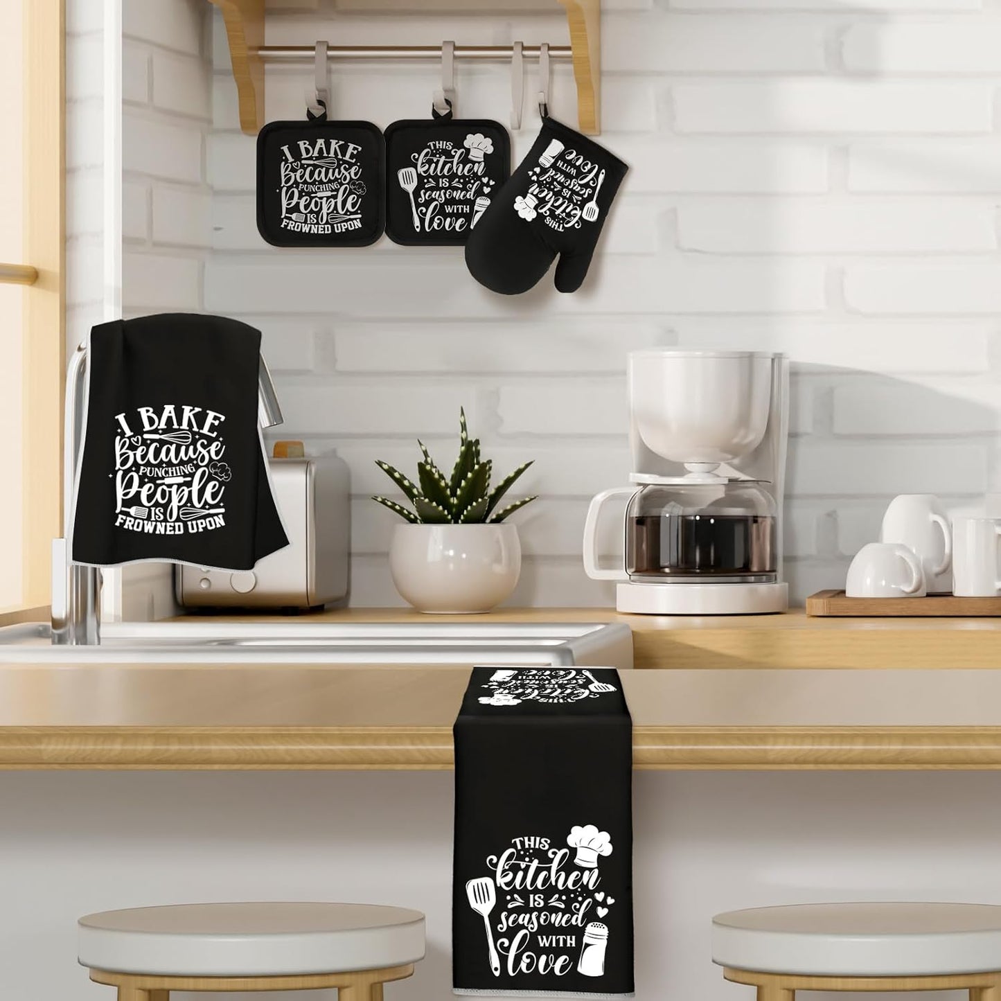6 Pcs Kitchen Decor Accessories Set Farmhouse Towels Pot Holders Oven Mitts Set 2 Dish Towels 2 Potholders 2 Cooking Mittens Oven Glove for Christmas Baking Cooking Supply(Yellow,Kitchen)