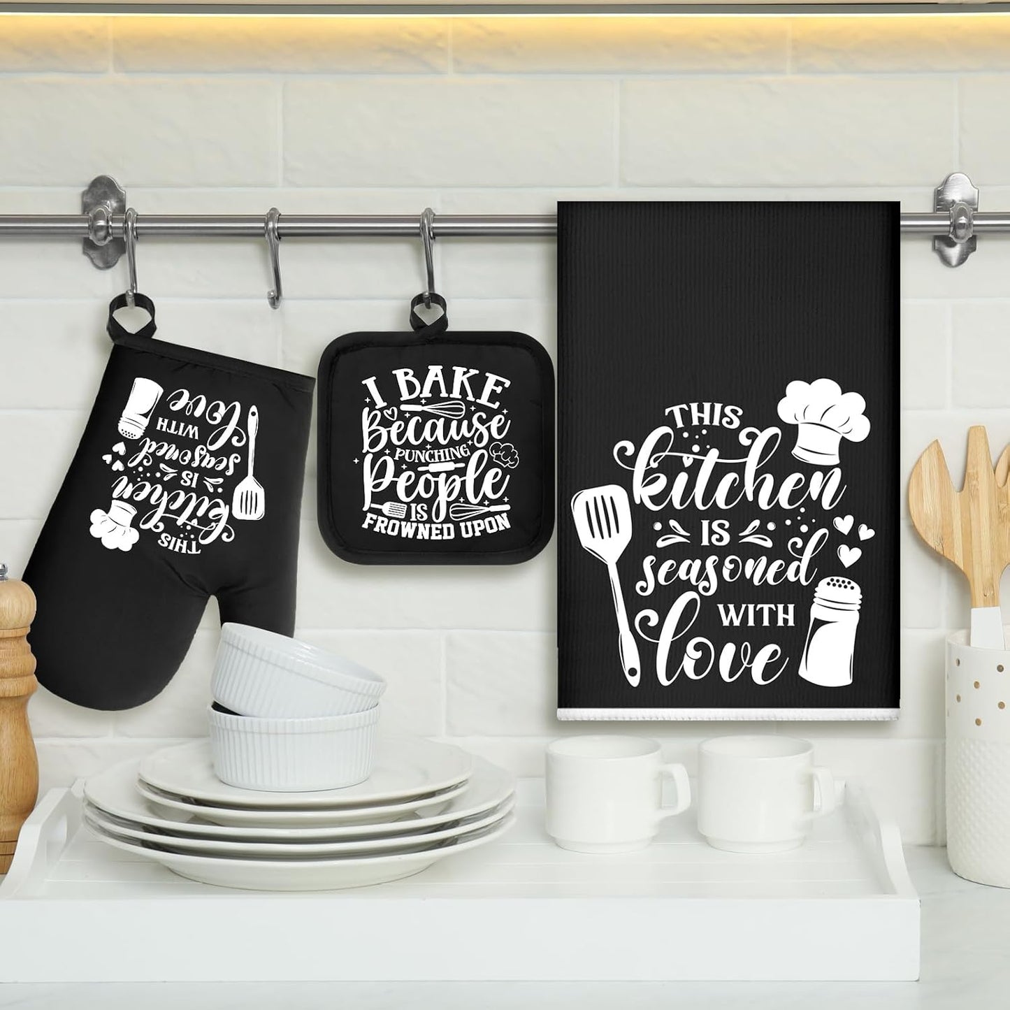 6 Pcs Kitchen Decor Accessories Set Farmhouse Towels Pot Holders Oven Mitts Set 2 Dish Towels 2 Potholders 2 Cooking Mittens Oven Glove for Christmas Baking Cooking Supply(Yellow,Kitchen)