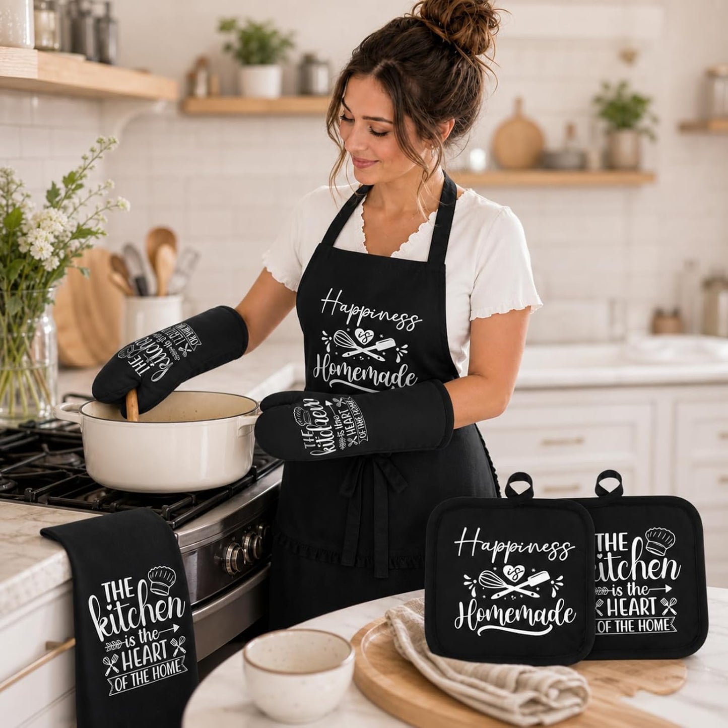 6 Pcs Kitchen Decor Accessories Set Farmhouse Towels Pot Holders Oven Mitts Set 2 Dish Towels 2 Potholders 2 Cooking Mittens Oven Glove for Christmas Baking Cooking Supply(Yellow,Kitchen)