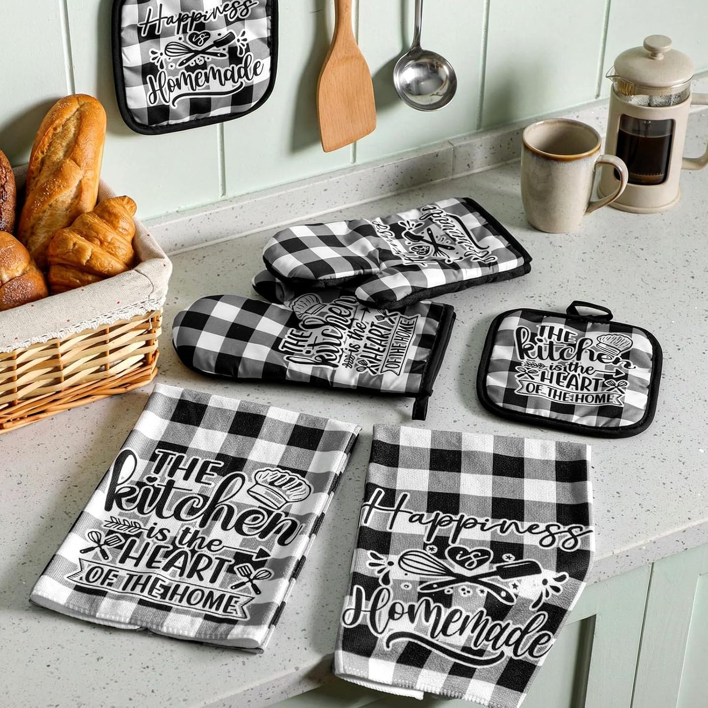 6 Pcs Kitchen Decor Accessories Set Farmhouse Towels Pot Holders Oven Mitts Set 2 Dish Towels 2 Potholders 2 Cooking Mittens Oven Glove for Christmas Baking Cooking Supply(Yellow,Kitchen)