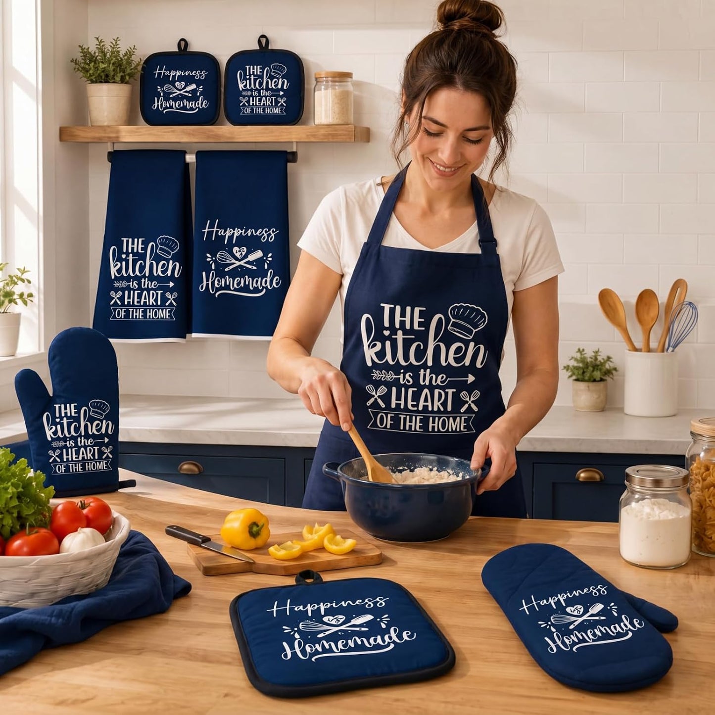 6 Pcs Kitchen Decor Accessories Set Farmhouse Towels Pot Holders Oven Mitts Set 2 Dish Towels 2 Potholders 2 Cooking Mittens Oven Glove for Christmas Baking Cooking Supply(Yellow,Kitchen)