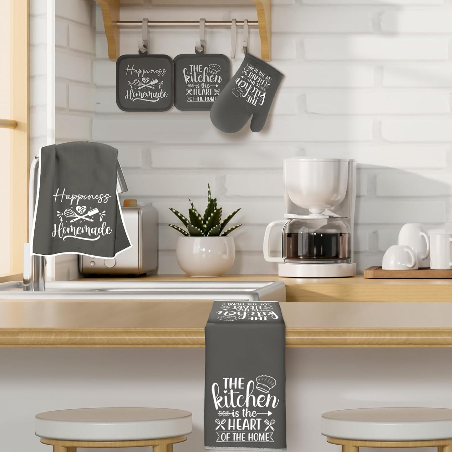 6 Pcs Kitchen Decor Accessories Set Farmhouse Towels Pot Holders Oven Mitts Set 2 Dish Towels 2 Potholders 2 Cooking Mittens Oven Glove for Christmas Baking Cooking Supply(Yellow,Kitchen)