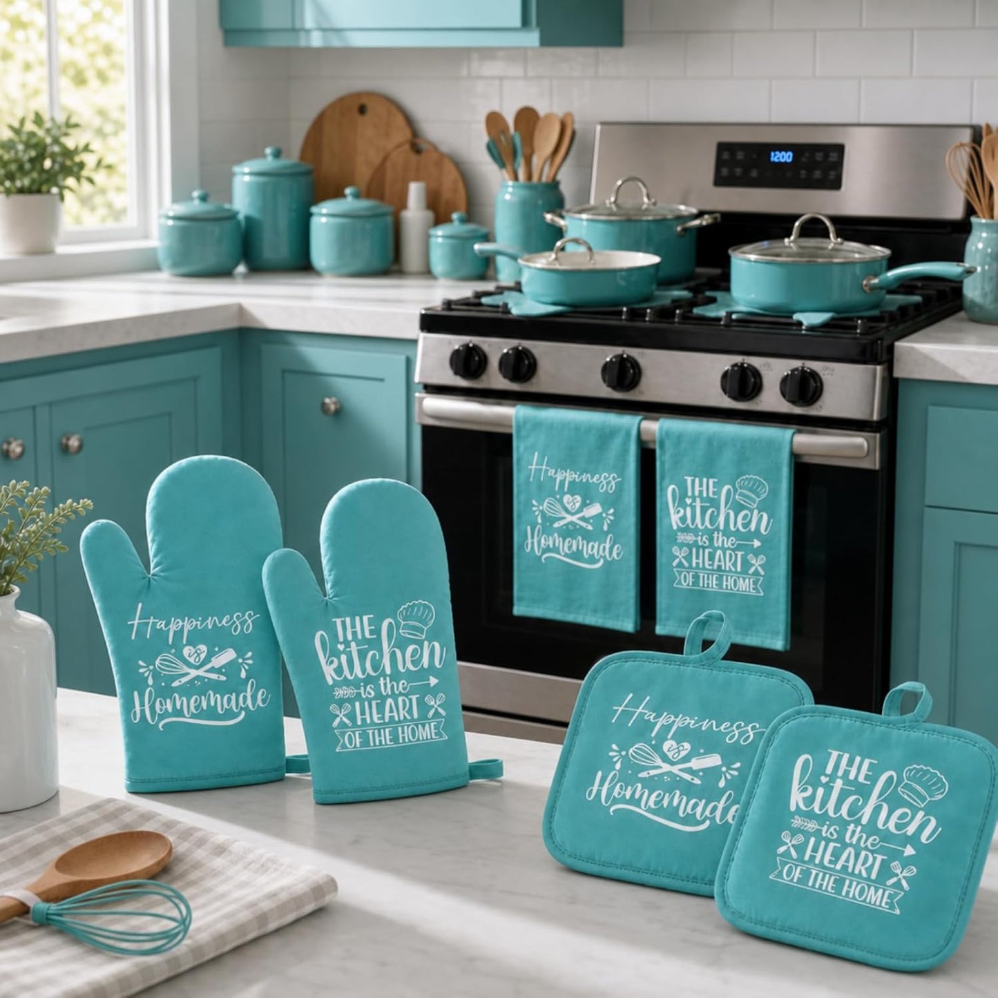 6 Pcs Kitchen Decor Accessories Set Farmhouse Towels Pot Holders Oven Mitts Set 2 Dish Towels 2 Potholders 2 Cooking Mittens Oven Glove for Christmas Baking Cooking Supply(Yellow,Kitchen)
