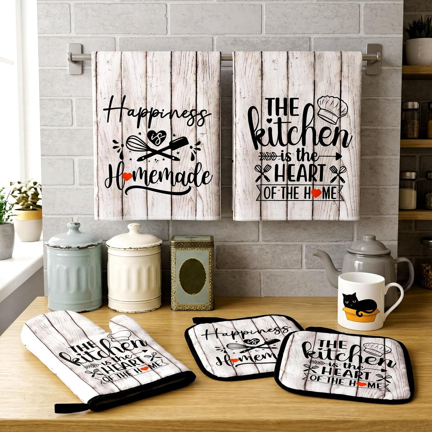 6 Pcs Kitchen Decor Accessories Set Farmhouse Towels Pot Holders Oven Mitts Set 2 Dish Towels 2 Potholders 2 Cooking Mittens Oven Glove for Christmas Baking Cooking Supply(Yellow,Kitchen)