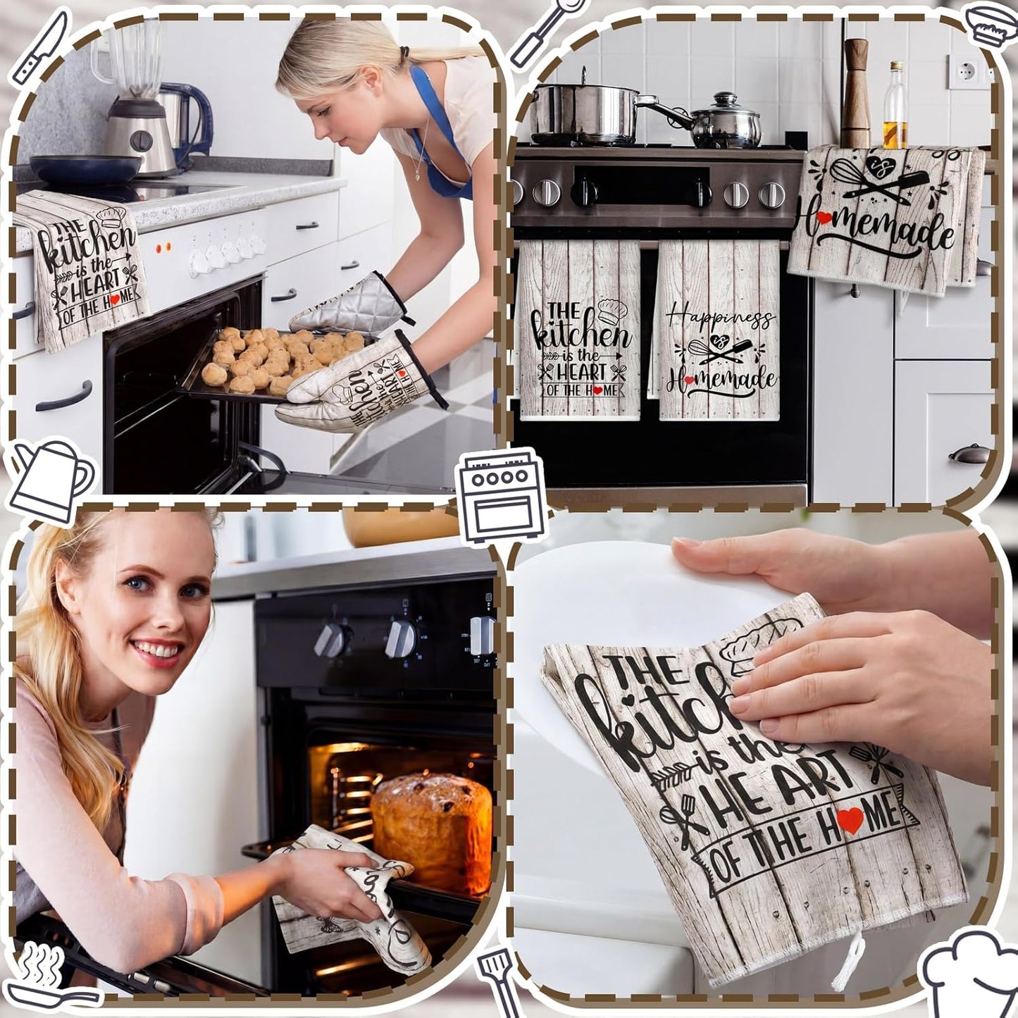 6 Pcs Kitchen Decor Accessories Set Farmhouse Towels Pot Holders Oven Mitts Set 2 Dish Towels 2 Potholders 2 Cooking Mittens Oven Glove for Christmas Baking Cooking Supply(Yellow,Kitchen)