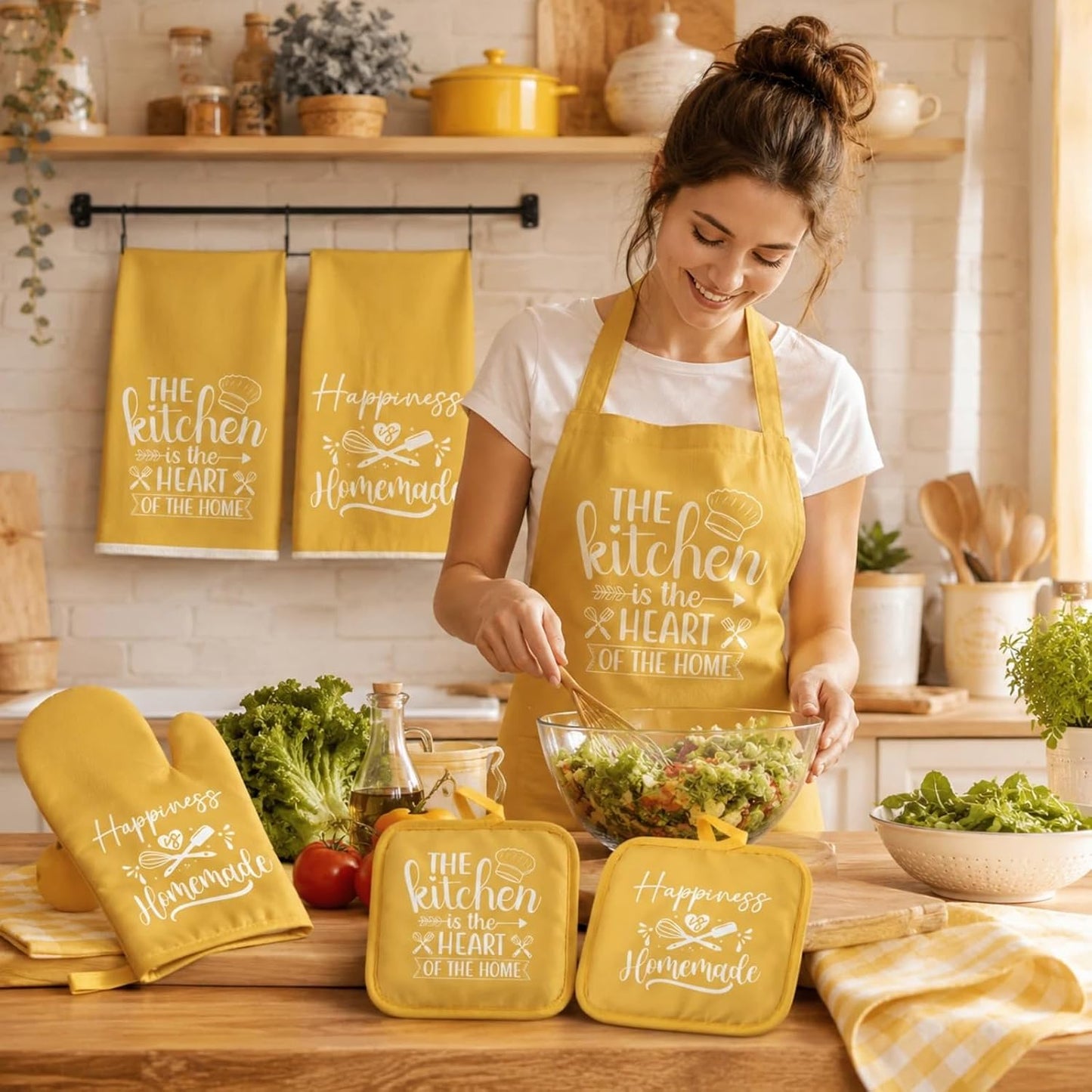 6 Pcs Kitchen Decor Accessories Set Farmhouse Towels Pot Holders Oven Mitts Set 2 Dish Towels 2 Potholders 2 Cooking Mittens Oven Glove for Christmas Baking Cooking Supply(Yellow,Kitchen)