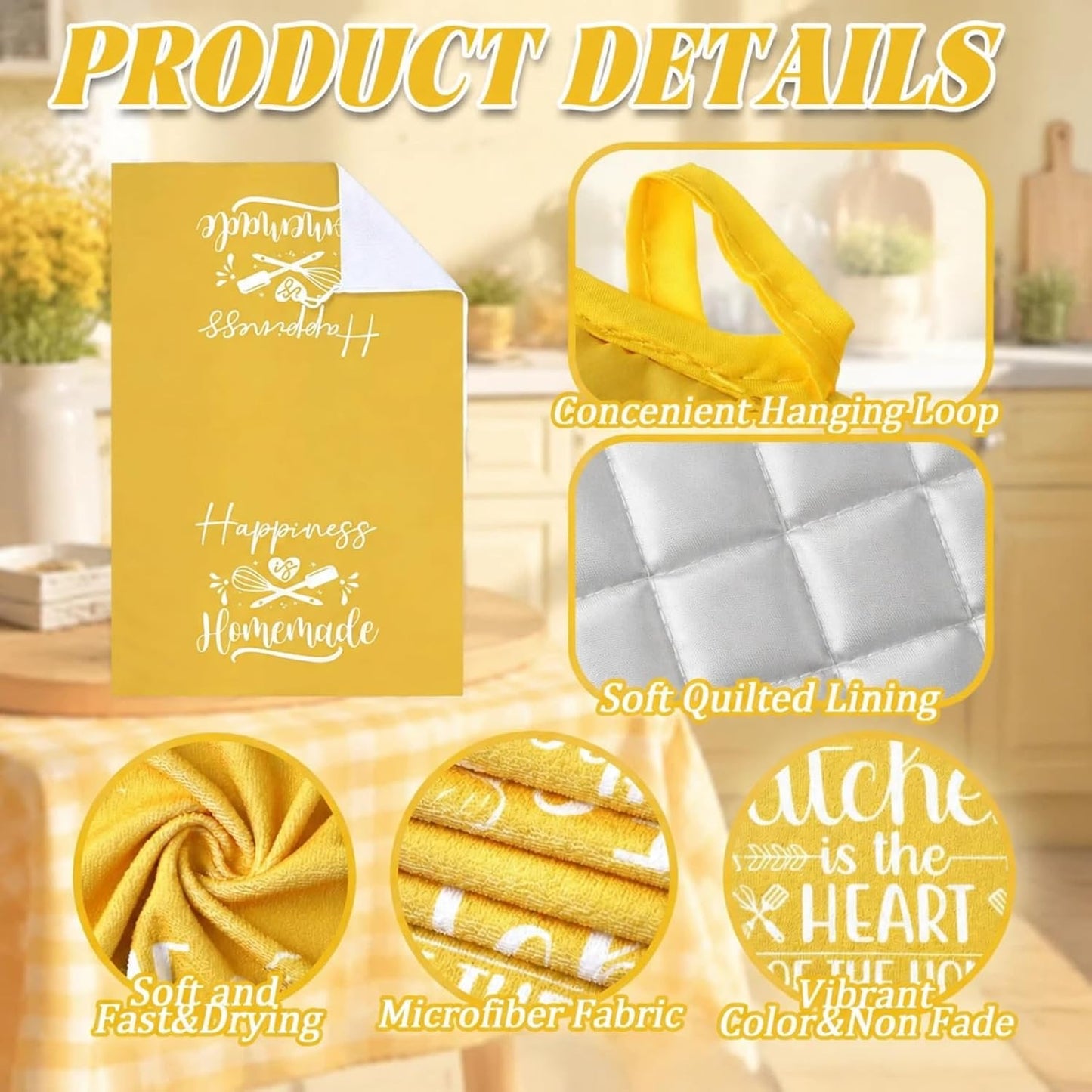 6 Pcs Kitchen Decor Accessories Set Farmhouse Towels Pot Holders Oven Mitts Set 2 Dish Towels 2 Potholders 2 Cooking Mittens Oven Glove for Christmas Baking Cooking Supply(Yellow,Kitchen)