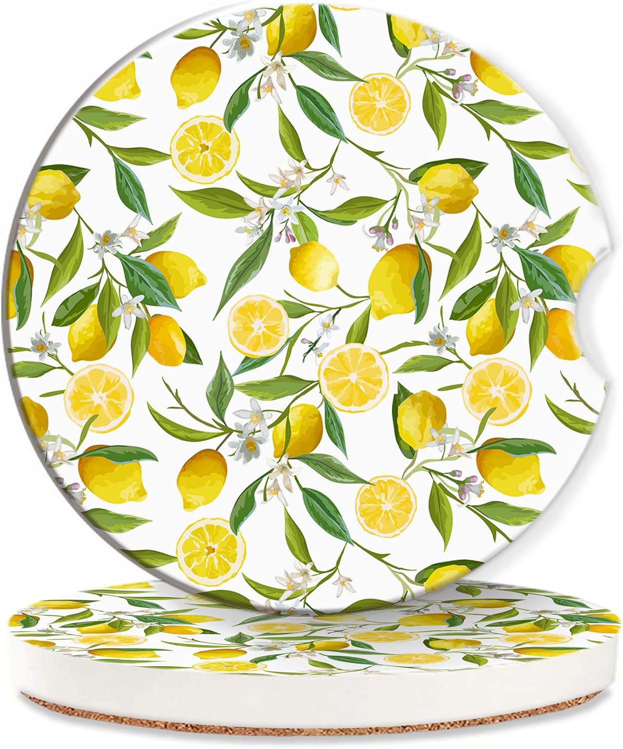 Lemon Floral Car Cup Coaster 2 Pack,Tropical Leaves Fruits Absorbent Ceramic Coaster for Women Men,Drink Car Cup Holders Interior Assecories,Universal 2.56" with Finger Notch & Cork Base