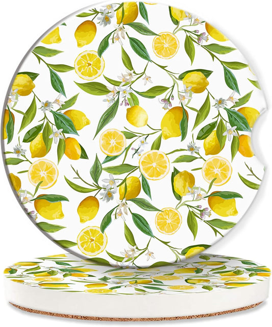 Lemon Floral Car Cup Coaster 2 Pack,Tropical Leaves Fruits Absorbent Ceramic Coaster for Women Men,Drink Car Cup Holders Interior Assecories,Universal 2.56" with Finger Notch & Cork Base