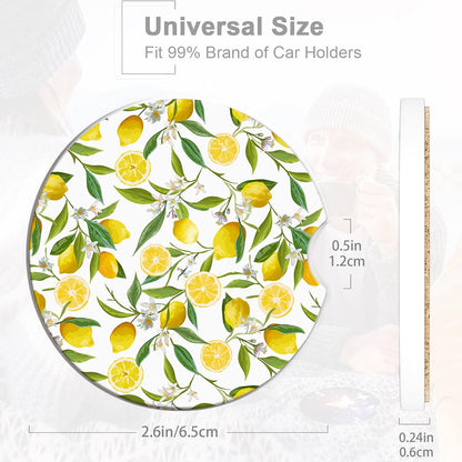 Lemon Floral Car Cup Coaster 2 Pack,Tropical Leaves Fruits Absorbent Ceramic Coaster for Women Men,Drink Car Cup Holders Interior Assecories,Universal 2.56" with Finger Notch & Cork Base
