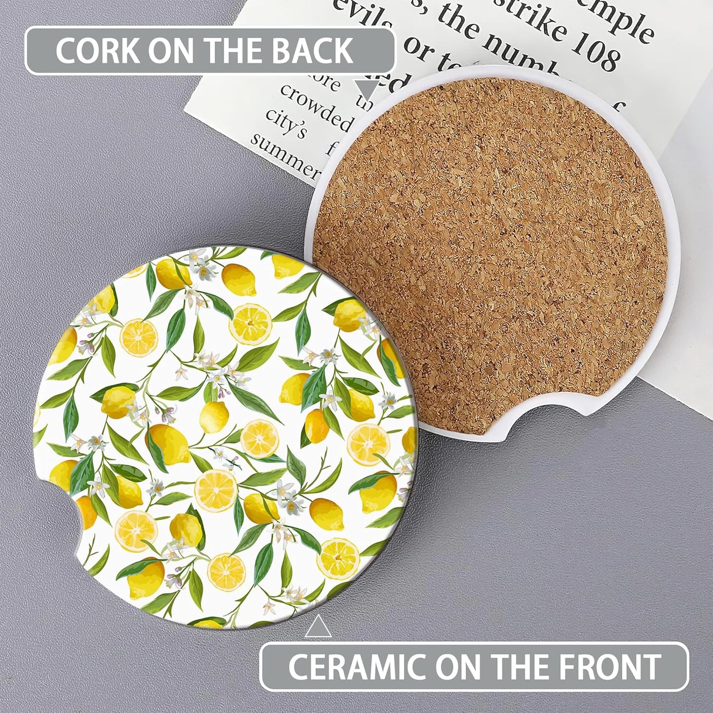 Lemon Floral Car Cup Coaster 2 Pack,Tropical Leaves Fruits Absorbent Ceramic Coaster for Women Men,Drink Car Cup Holders Interior Assecories,Universal 2.56" with Finger Notch & Cork Base
