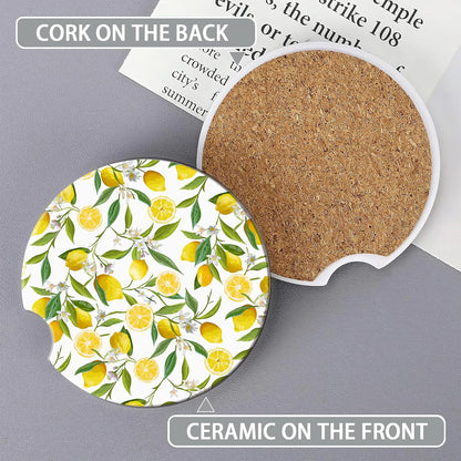 Lemon Floral Car Cup Coaster 2 Pack,Tropical Leaves Fruits Absorbent Ceramic Coaster for Women Men,Drink Car Cup Holders Interior Assecories,Universal 2.56" with Finger Notch & Cork Base