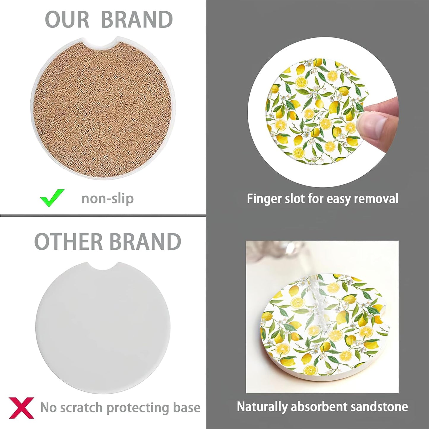 Lemon Floral Car Cup Coaster 2 Pack,Tropical Leaves Fruits Absorbent Ceramic Coaster for Women Men,Drink Car Cup Holders Interior Assecories,Universal 2.56" with Finger Notch & Cork Base