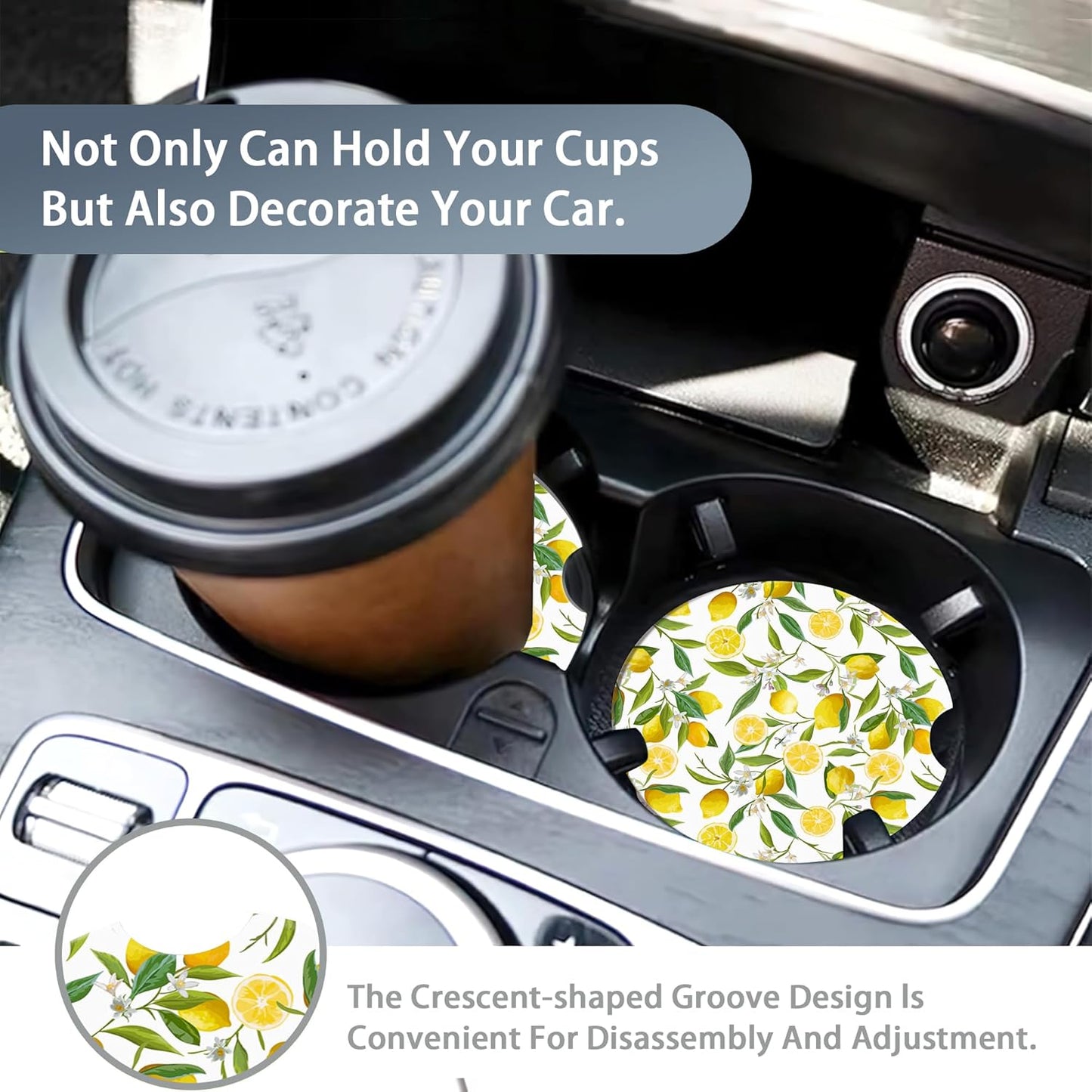 Lemon Floral Car Cup Coaster 2 Pack,Tropical Leaves Fruits Absorbent Ceramic Coaster for Women Men,Drink Car Cup Holders Interior Assecories,Universal 2.56" with Finger Notch & Cork Base