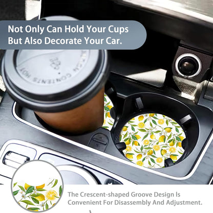 Lemon Floral Car Cup Coaster 2 Pack,Tropical Leaves Fruits Absorbent Ceramic Coaster for Women Men,Drink Car Cup Holders Interior Assecories,Universal 2.56" with Finger Notch & Cork Base