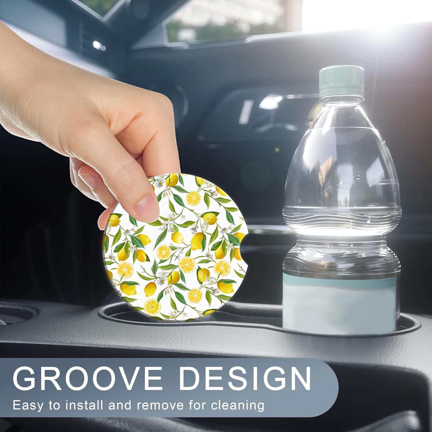 Lemon Floral Car Cup Coaster 2 Pack,Tropical Leaves Fruits Absorbent Ceramic Coaster for Women Men,Drink Car Cup Holders Interior Assecories,Universal 2.56" with Finger Notch & Cork Base