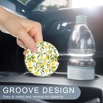 Lemon Floral Car Cup Coaster 2 Pack,Tropical Leaves Fruits Absorbent Ceramic Coaster for Women Men,Drink Car Cup Holders Interior Assecories,Universal 2.56" with Finger Notch & Cork Base