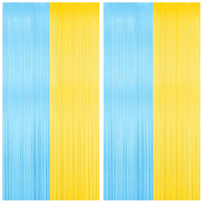 Light Blue and Yellow Fringe Backdrop - Feet, Pack of 2 | Blue and Yellow Birthday Decorations, Easter Backdrop Curtain | Sponge Party Decorations, Baby Shower Decorations for Home