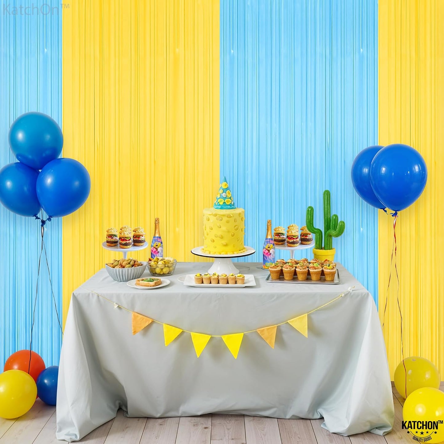Light Blue and Yellow Fringe Backdrop - Feet, Pack of 2 | Blue and Yellow Birthday Decorations, Easter Backdrop Curtain | Sponge Party Decorations, Baby Shower Decorations for Home