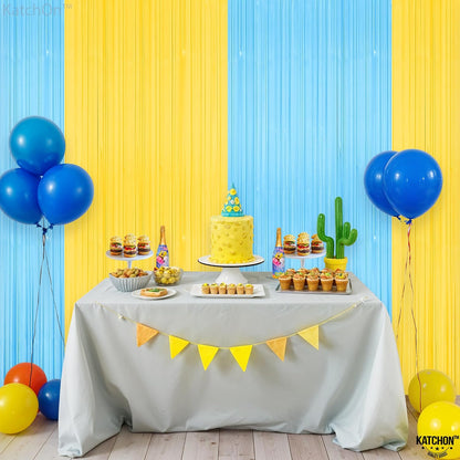 Light Blue and Yellow Fringe Backdrop - Feet, Pack of 2 | Blue and Yellow Birthday Decorations, Easter Backdrop Curtain | Sponge Party Decorations, Baby Shower Decorations for Home