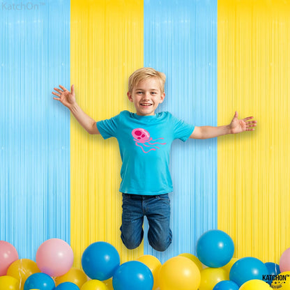 Light Blue and Yellow Fringe Backdrop - Feet, Pack of 2 | Blue and Yellow Birthday Decorations, Easter Backdrop Curtain | Sponge Party Decorations, Baby Shower Decorations for Home