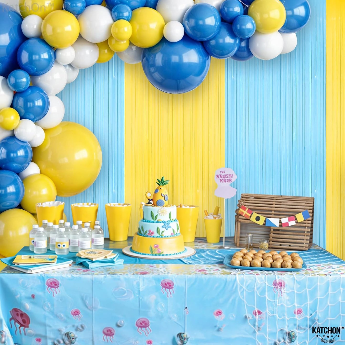 Light Blue and Yellow Fringe Backdrop - Feet, Pack of 2 | Blue and Yellow Birthday Decorations, Easter Backdrop Curtain | Sponge Party Decorations, Baby Shower Decorations for Home