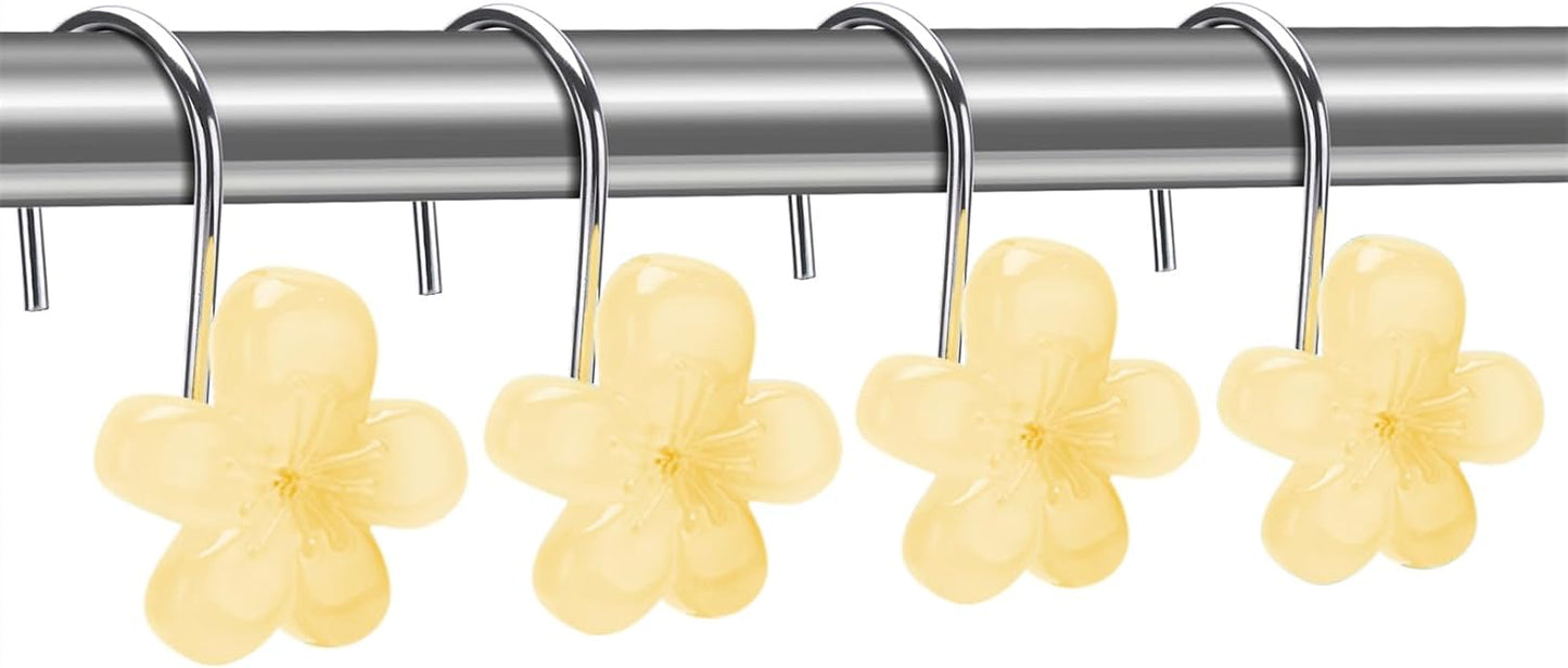Cute Flower Shower Curtain Hooks, Glow in The Dark, Pretty Floral Themed Elegant Bathroom Decor, Yellow