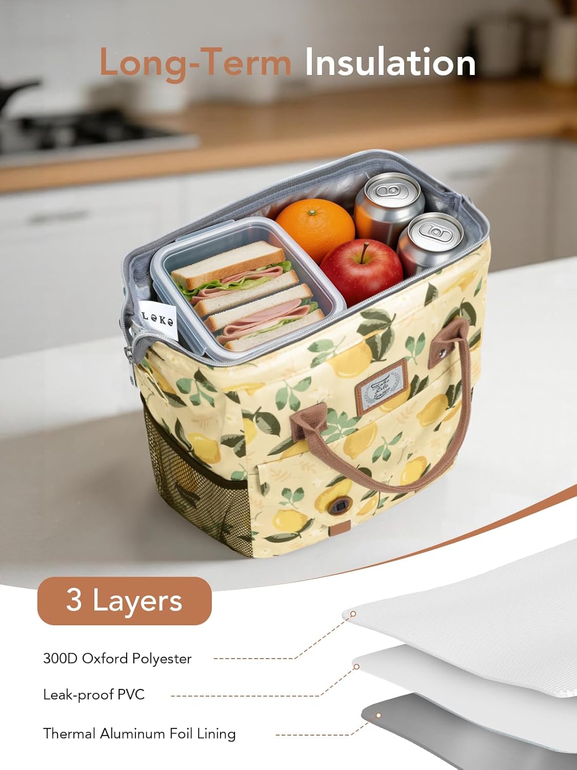 Lunch Bags for Women Insulated Thermal Lunch Tote Bag Durable Large Lunch Box Container Drinks Holder for Adults Work College Picnic Beach Park, Lemon