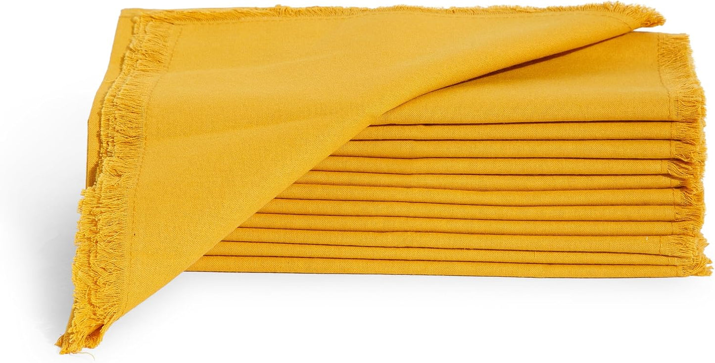 Cotton Napkins Set of 12, Beautiful Handmade Fringe Dinner Cloth Napkins, Washable and Reusable for Dining, Parties, Weddings, Holiday & Everyday Use - 18x18 Inch Mustard