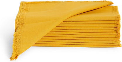 Cotton Napkins Set of 12, Beautiful Handmade Fringe Dinner Cloth Napkins, Washable and Reusable for Dining, Parties, Weddings, Holiday & Everyday Use - 18x18 Inch Mustard
