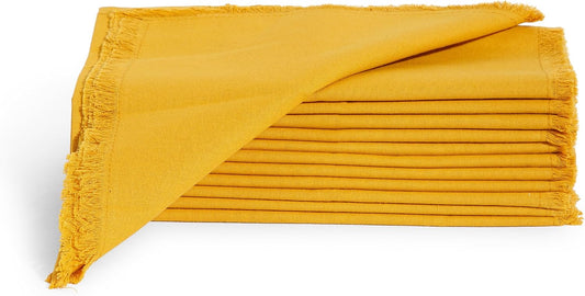 Cotton Napkins Set of 12, Beautiful Handmade Fringe Dinner Cloth Napkins, Washable and Reusable for Dining, Parties, Weddings, Holiday & Everyday Use - 18x18 Inch Mustard