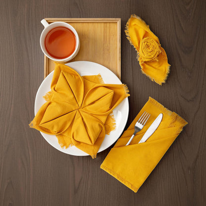 Cotton Napkins Set of 12, Beautiful Handmade Fringe Dinner Cloth Napkins, Washable and Reusable for Dining, Parties, Weddings, Holiday & Everyday Use - 18x18 Inch Mustard