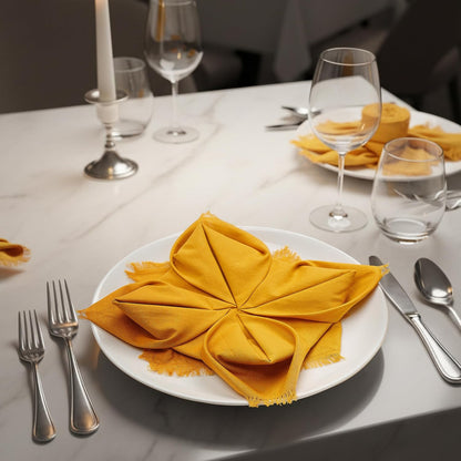Cotton Napkins Set of 12, Beautiful Handmade Fringe Dinner Cloth Napkins, Washable and Reusable for Dining, Parties, Weddings, Holiday & Everyday Use - 18x18 Inch Mustard