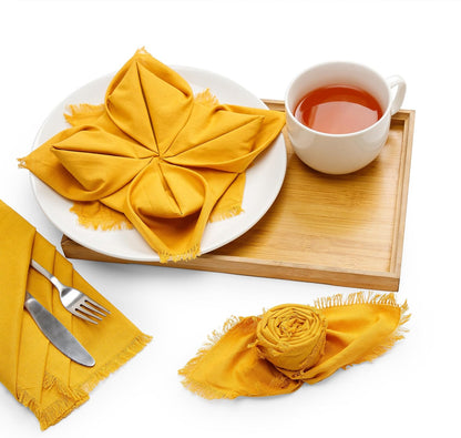 Cotton Napkins Set of 12, Beautiful Handmade Fringe Dinner Cloth Napkins, Washable and Reusable for Dining, Parties, Weddings, Holiday & Everyday Use - 18x18 Inch Mustard