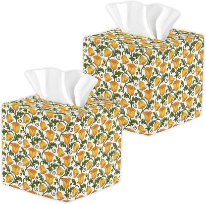 2pc Yellow Fabric Tissue Box Cover Square, Floral Print Cotton Tissue Box Holder Decorative, Farmhouse Napkin Holder for Home Bedroom Living Room Bathroom Countertop Car Office Kitchen