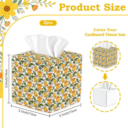 2pc Yellow Fabric Tissue Box Cover Square, Floral Print Cotton Tissue Box Holder Decorative, Farmhouse Napkin Holder for Home Bedroom Living Room Bathroom Countertop Car Office Kitchen