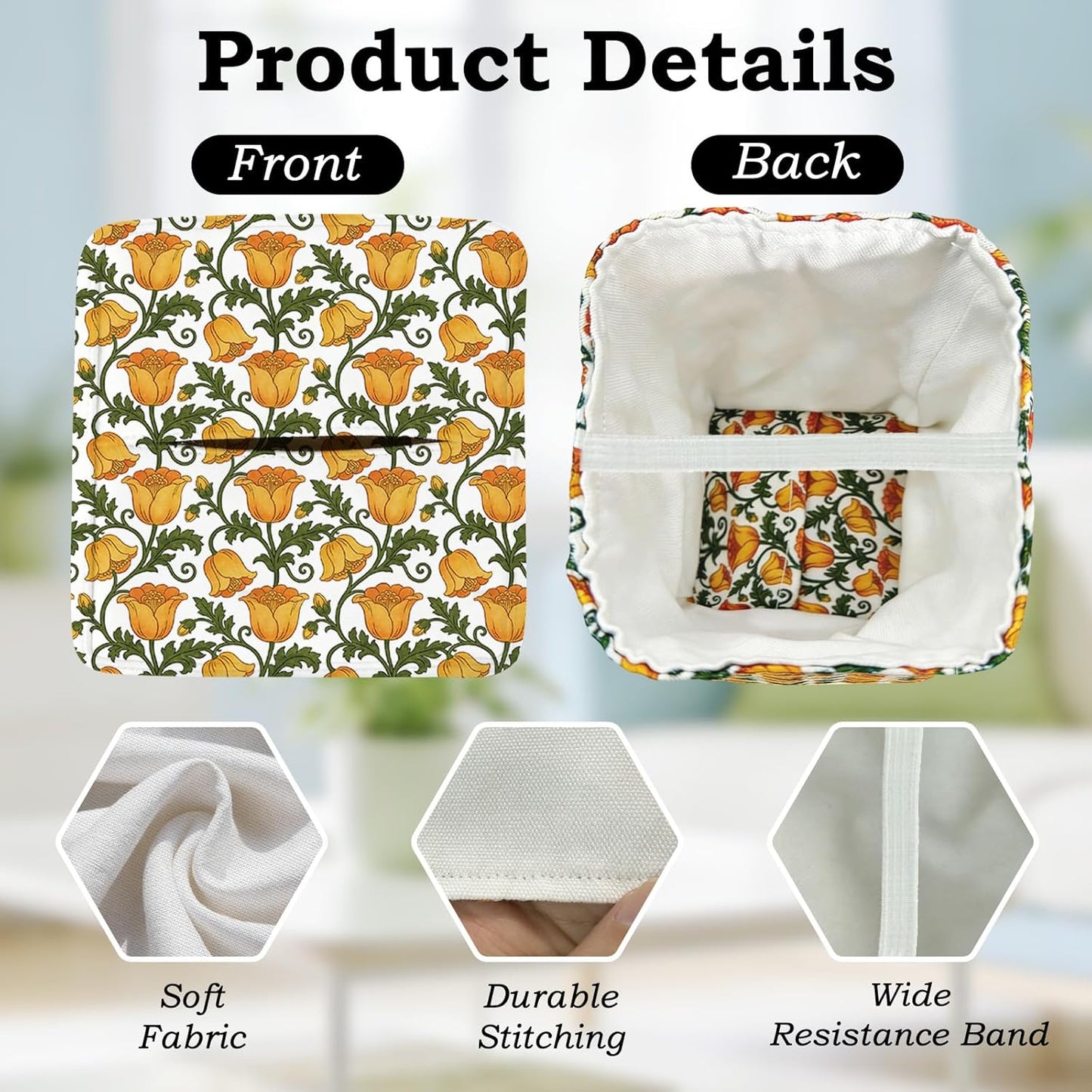 2pc Yellow Fabric Tissue Box Cover Square, Floral Print Cotton Tissue Box Holder Decorative, Farmhouse Napkin Holder for Home Bedroom Living Room Bathroom Countertop Car Office Kitchen