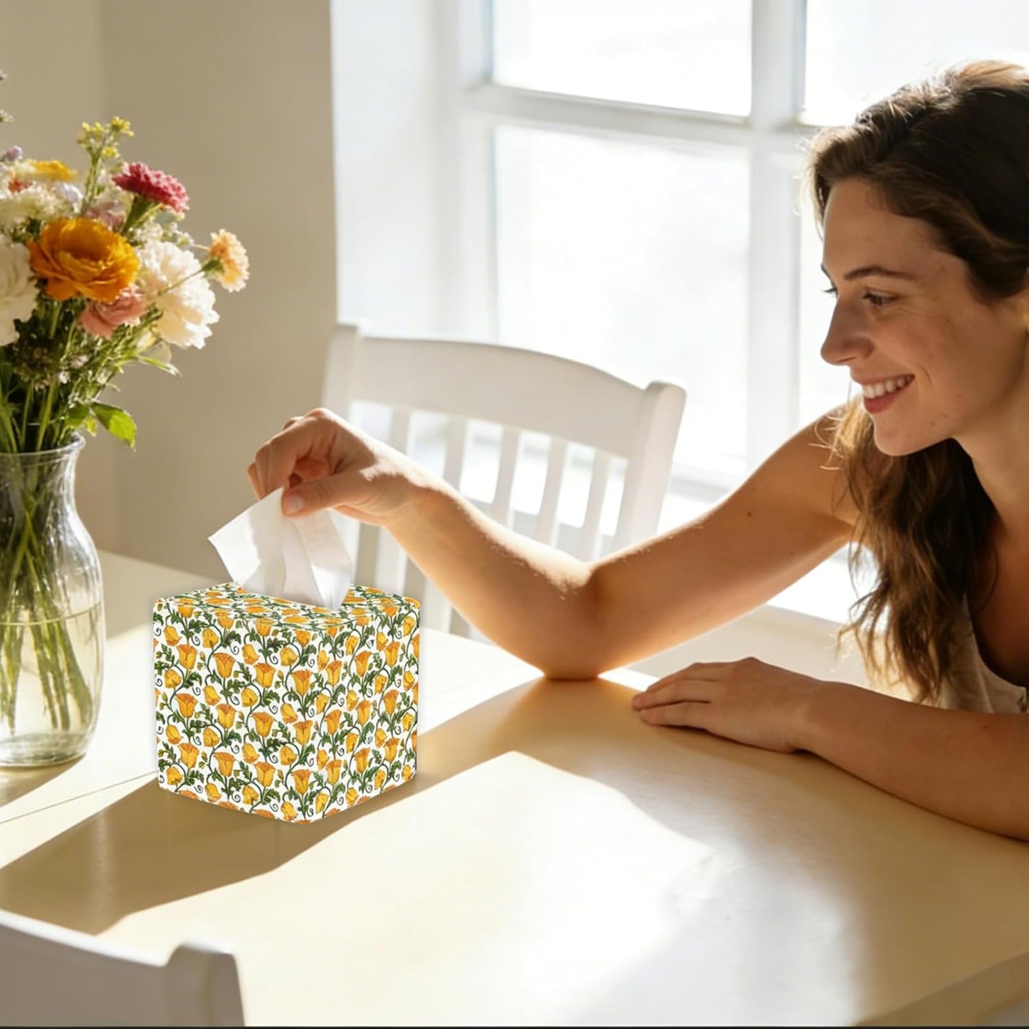 2pc Yellow Fabric Tissue Box Cover Square, Floral Print Cotton Tissue Box Holder Decorative, Farmhouse Napkin Holder for Home Bedroom Living Room Bathroom Countertop Car Office Kitchen